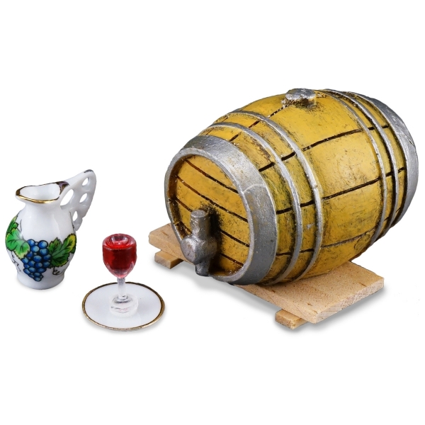 Picture of Wine tasting - with wine barrel, porcelain jug and filled red wine glass