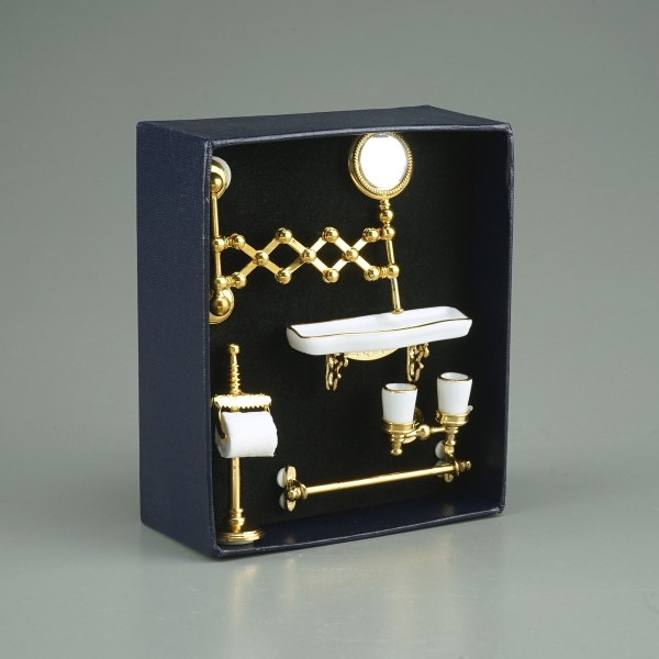 Bild von Badezimmer Accessoires - Toilettenhalter, Ablage, Zahnputzbecher und ausziehbarer Spiegel in Gold