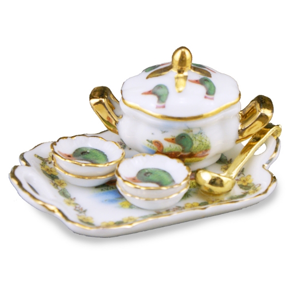 Picture of Tray with Soup Tureen, Ladle and 4 Plates - Duck Design
