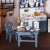 Picture of Blue, small Kitchen Table - design "Blue Onion" - decorated with porcelain scale and kitchen utensils