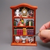 Bild von Bücherschrank aus Holz mit Büchern, Tischuhr und Porzellan 